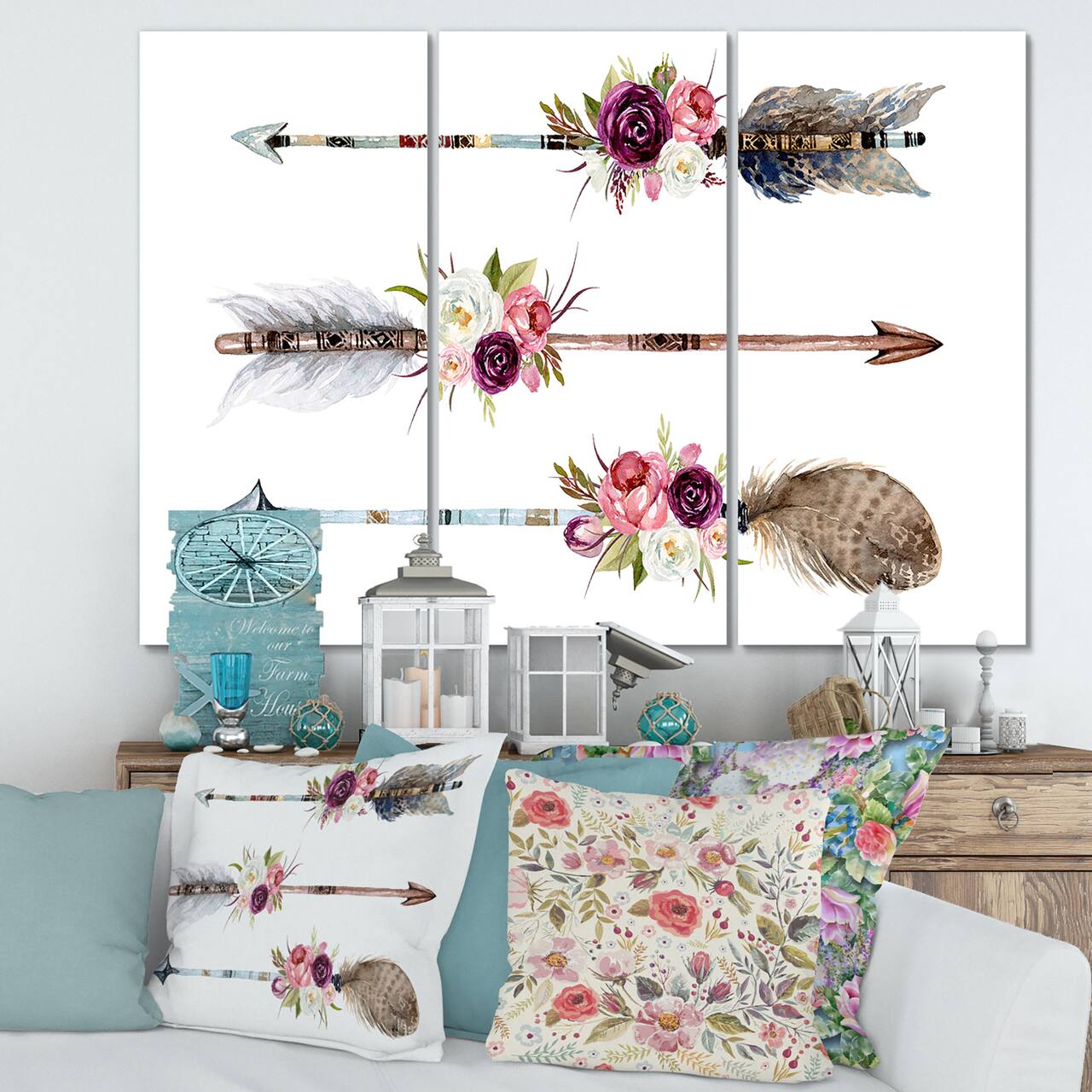 Designart - Ethnic Feathers and Flowers On Native Arrows III - Bohemian & Eclectic Canvas Wall Art Print